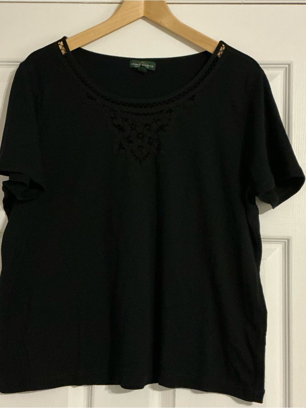 Ralph Lauren Short Sleeve Black Top with Lace Yoke
